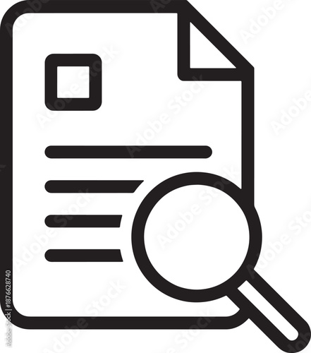 Black outline icon of a document with a magnifying glass and text lines on a white background paper