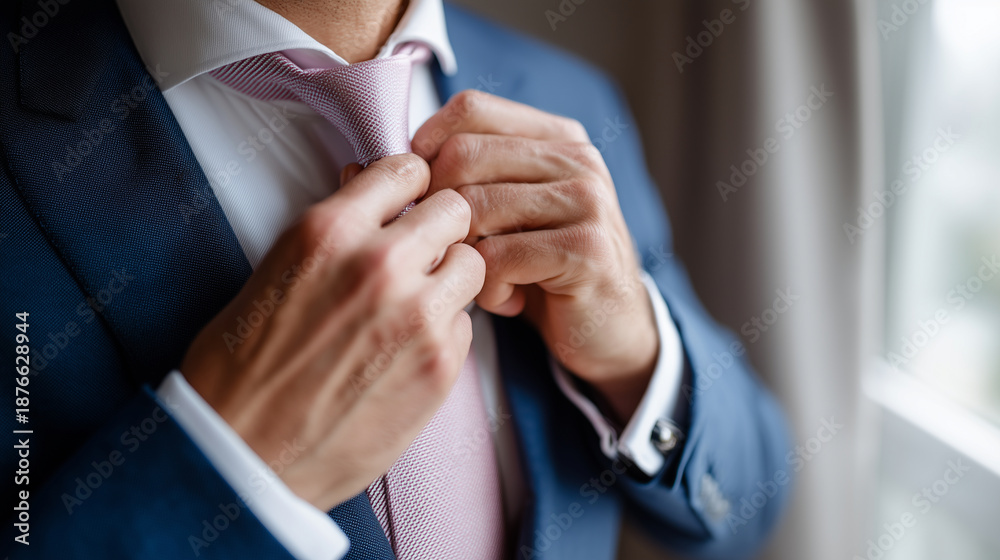 Obraz premium Close-up of faceless hands adjusting a silk tie on a young manâs suit, morning of the ceremony, soft window light, graduation preparation, sharp focus on fabric and hands, minimali