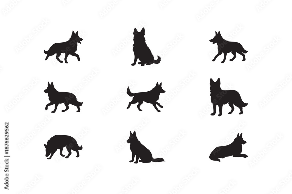 Obraz premium Assorted dog silhouette. Collection of assorted dog silhouettes in sitting, walking, and running poses. Great for logos and patterns.