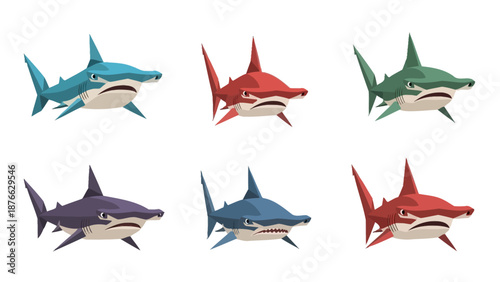 Set of six cartoon hammerhead sharks in different colors, isolated on white
