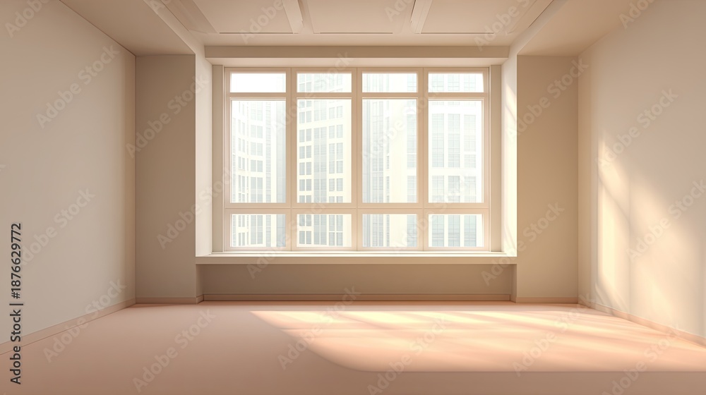 Fototapeta premium Bright and Spacious Empty Room with Large Windows Showcasing Modern Urban Views and Abundant Natural Light Ideal for Interior Design and Decoration