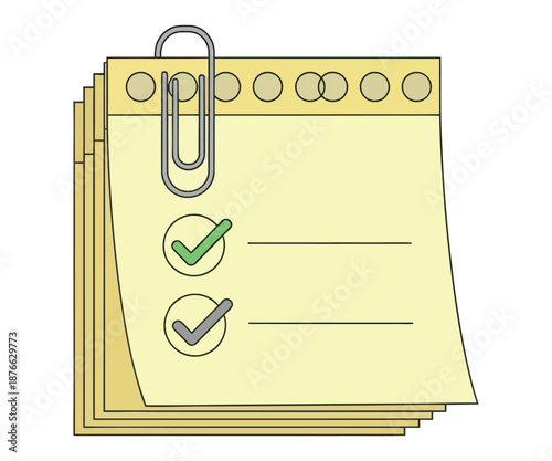 A stack of yellow sticky notes secured by a silver paper clip features a completed digital todo list, perfect for displaying personal organization, business planning, and task management
