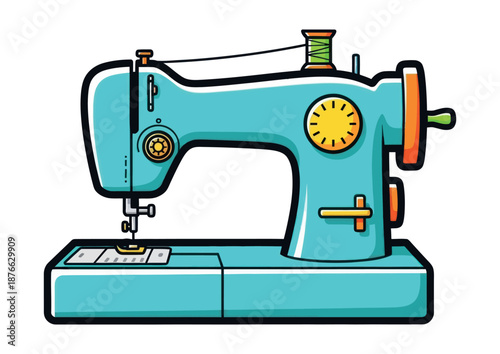 Vibrant turquoise sewing machine with a green thread spool perfect for hobby enthusiasts and textile artists seeking cheerful imagery for craft shop promotions or educational pamphlets