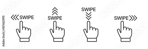 Swipe icon. Swipe direction icons with arrows indicating left, right, up, and down. Scroll pictogram for social media stories. Slide symbol with text.