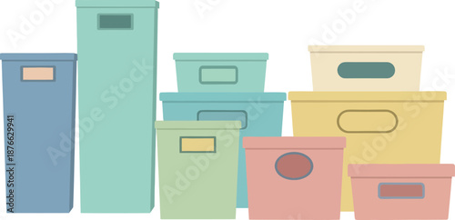 A collection of colorful pastel storage boxes and bins arranged in a diverse stack, perfect for showcasing home organization products or simple domestic decluttering concepts.