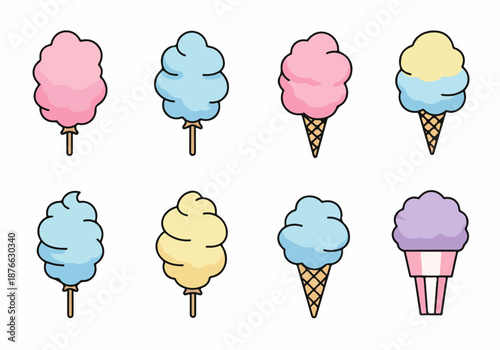 Colorful cartoon cotton candy illustrations. A sweet collection of pastel pink, blue, yellow, and purple sugary treats on sticks, waffle cones, and in paper cups.