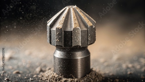 Close-Up of Drill Bit Tip Covered in Rare Earth Dust on Surface