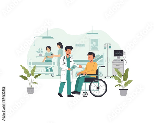 Doctor Consulting Wheelchair Patient in Hospital Room: Flat Vector Illustration with Nurses Attending Bed, Medical Monitor, IV Stand, Plants in Clinic Interior