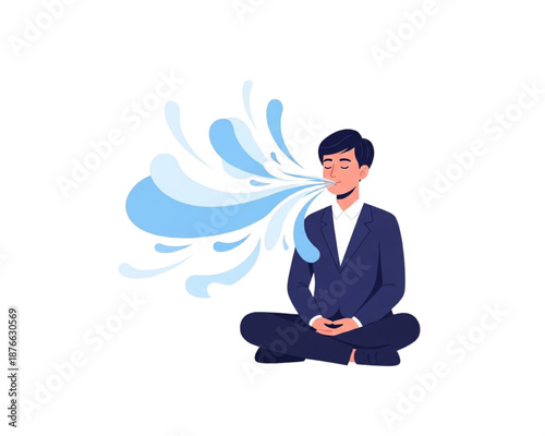 Businessman Meditating and Exhaling Fresh Air Illustration: Professional Man in Suit Practicing Mindfulness, Breathing Exercise for Stress Relief, Mental Health, and Wellness at Work