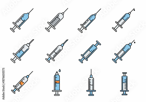 Diverse Syringe Icons Collection: Medical Injections, Vaccinations, and Drug Delivery with Various Fill Levels and Angles