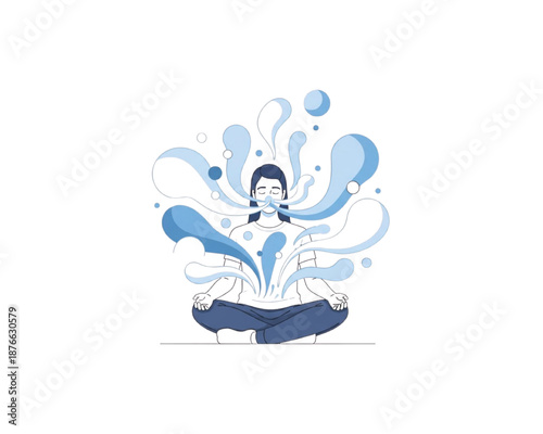 Woman practicing deep breathing meditation with abstract blue air flow. Mindfulness and mental health concept illustrating calm, stress relief and inner peace. Flat vector illustration.