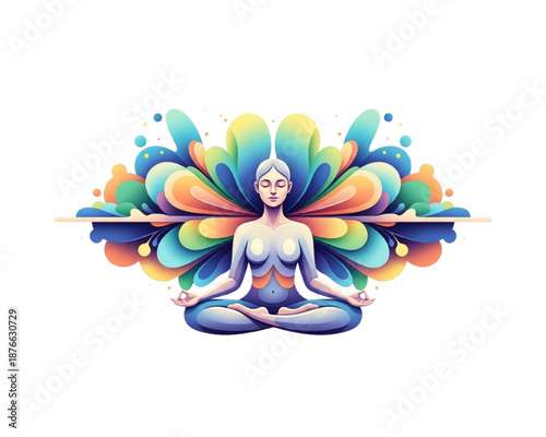 Abstract Meditation Yoga Illustration: Woman in Lotus Pose with Vibrant Colorful Aura Background for Mindfulness, Wellness, Spiritual Peace, and Zen Mental Health Design