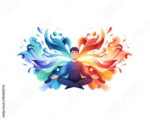 Meditating man in lotus pose with abstract fluid wings of fire and water. Vector illustration of mindfulness, balance, and duality. Yoga, mental health, and spiritual wellness concept isolated.