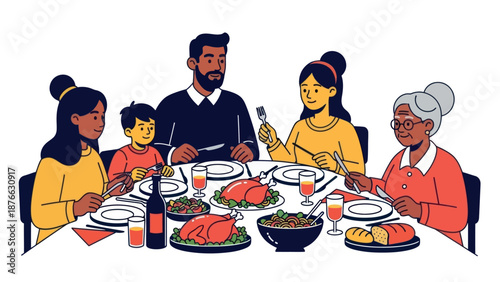 A multigenerational Black and Indian family enjoying a shared meal around a dining table laden with roasted chicken, fresh salads, and beverages, perfect for showcasing family togetherness