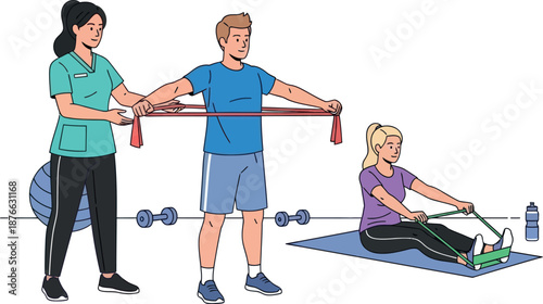 An Asian physical therapist helps a male patient with a resistance band shoulder exercise as a blonde woman performs a seated resistance workout, illustrating rehabilitation and fitness