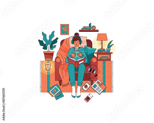 Cozy woman sitting in armchair reading book and listening to music. Flat vector illustration of hygge home lifestyle, relaxation and comfort. Female character with coffee cup and blanket.
