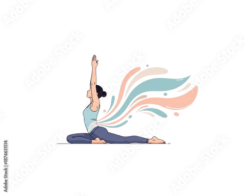Woman in Yoga Backbend Pose with Colorful Energy Aura: Flat Vector Illustration of Female Yogi Stretching Leg, Arm Raised, Abstract Flow Background