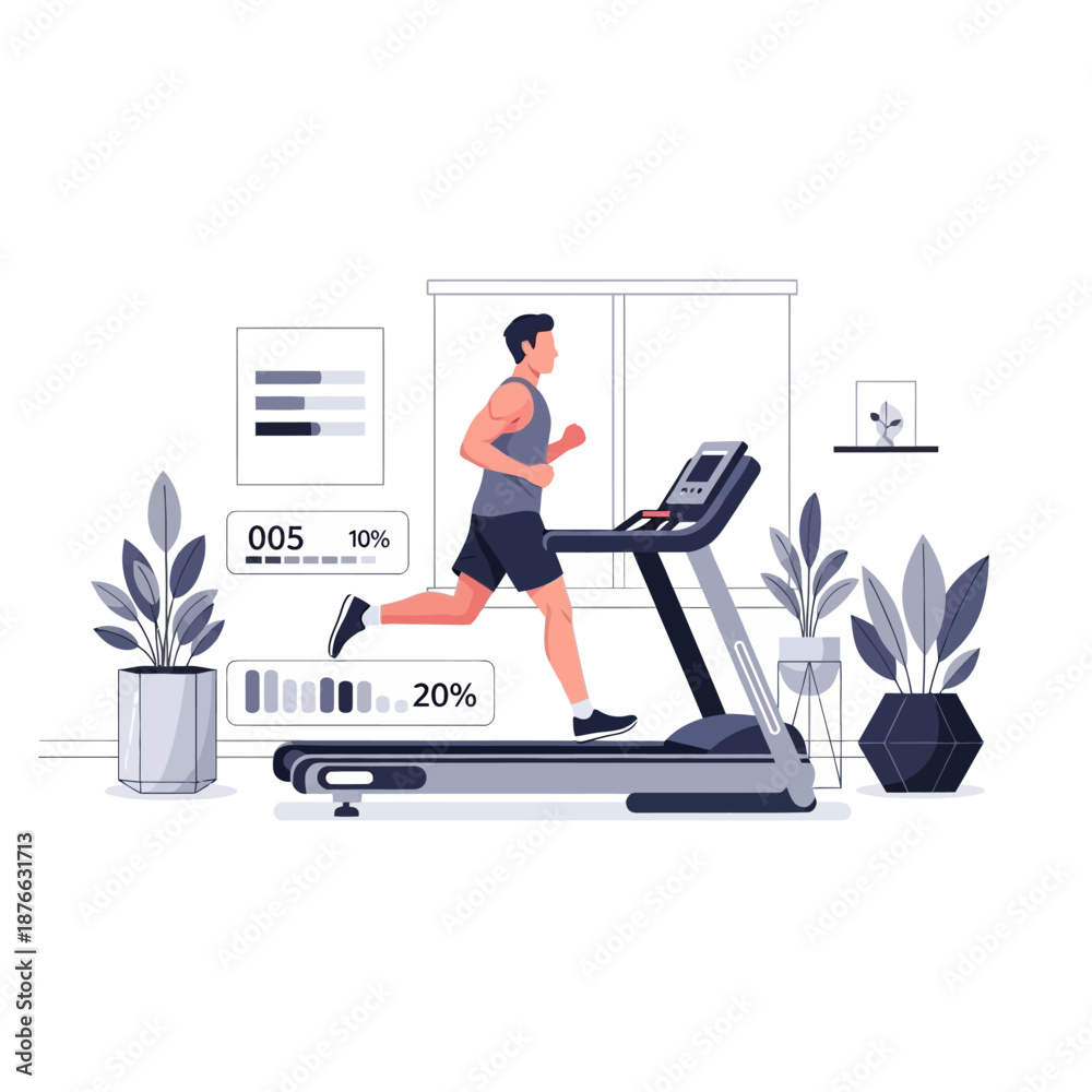 Fototapeta premium Man running on treadmill in modern home gym, fitness tracking