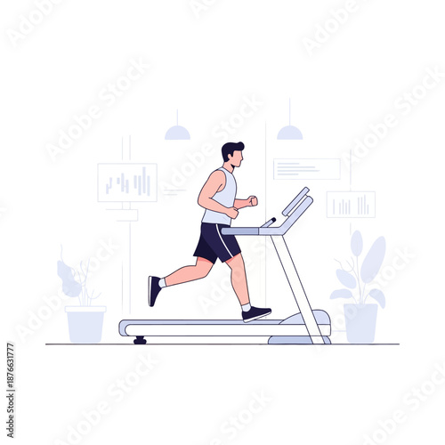 Man running on treadmill in gym, fitness workout, healthy lifestyle illustration