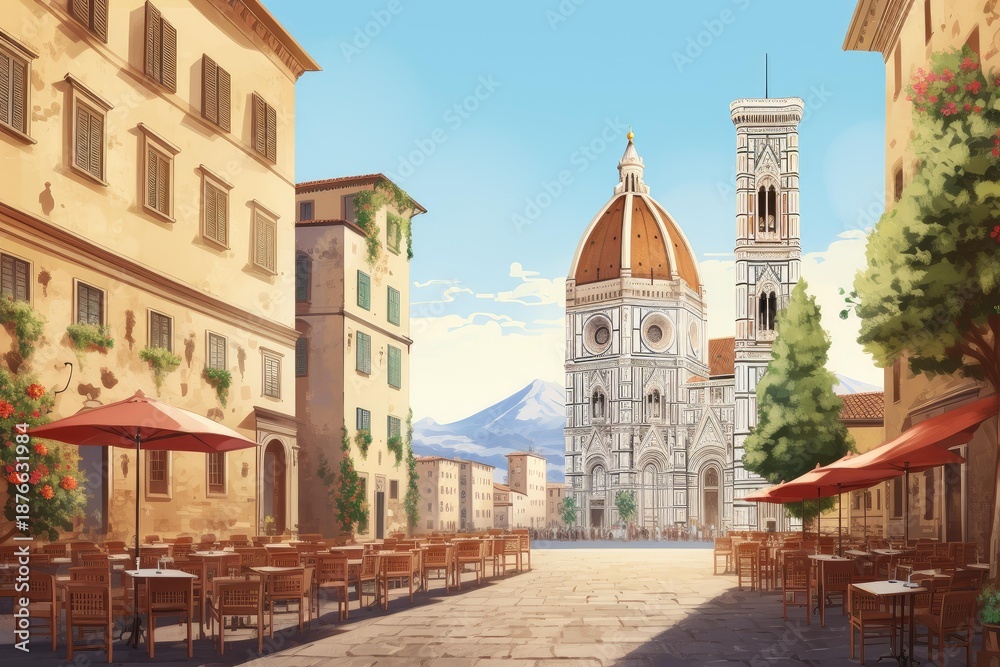 Fototapeta premium Florence cathedral framing a sun drenched piazza with empty outdoor cafe tables