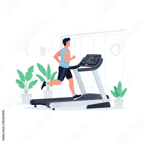 Man running on treadmill at home, indoor fitness, healthy lifestyle