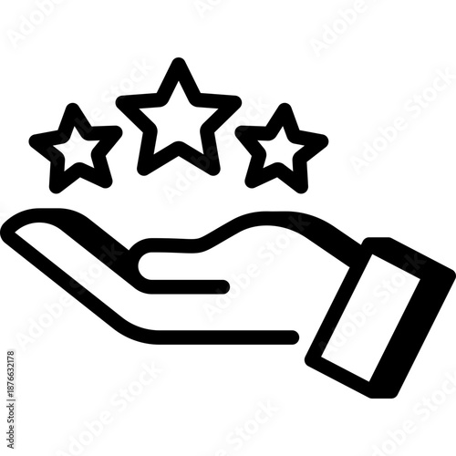Line icon of an open palm holding three stars, the delivery of high-quality service, rewards, or premium standards