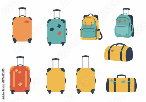 Colorful flat design illustration set of diverse travel luggage, including various suitcases, backpacks, and duffel bags, ready for vacation and journey adventures.