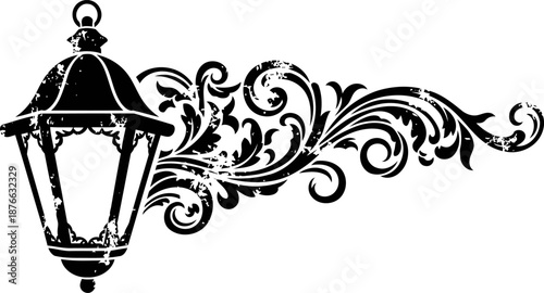 Vintage street lamp with ornate floral scroll design in black and white silhouette