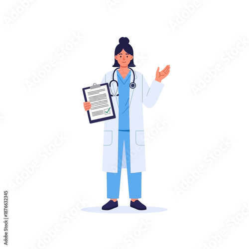 Doctor Woman Holding Clipboard and Stethoscope, Presentation Gesture
