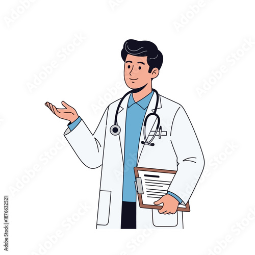 Male Doctor Wearing Lab Coat and Stethoscope Holding Clipboard with Medical Records