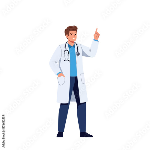 Male Doctor in White Coat Wearing Stethoscope, Pointing Finger Up, Isolated