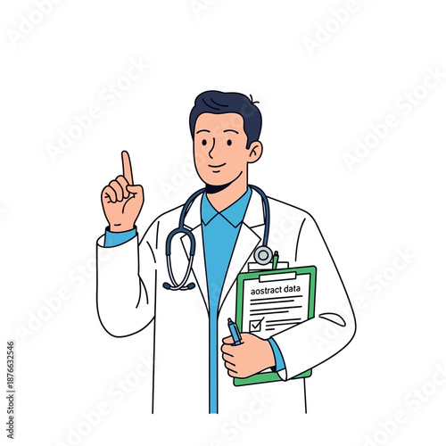 Doctor with Stethoscope and Clipboard, Pointing Finger Up - Medical Advice and Information Concept