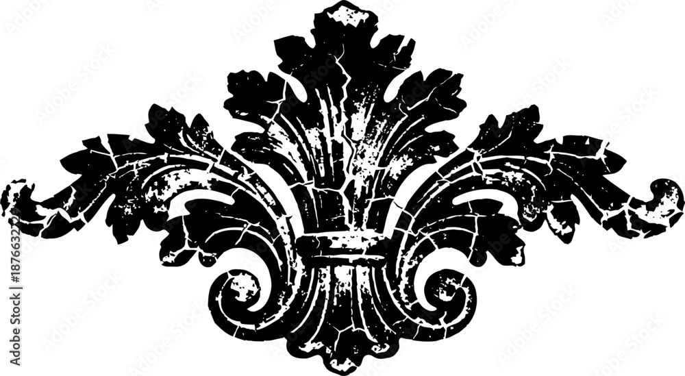 Fototapeta premium Vintage ornate floral decorative design element with distressed texture and scroll details