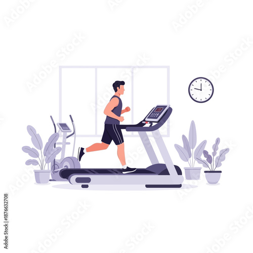 Man running on treadmill in modern home gym with plants and elliptical machine