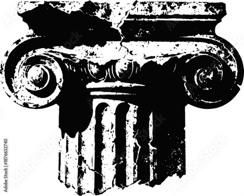 Ancient ionic greek column capital with scroll volutes and fluted shaft in distressed black and white