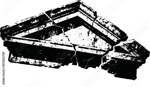 Cracked ancient stone pediment fragment with weathered texture and broken edges