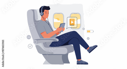 Young man watching video and listening to music with headphones on smartphone while traveling comfortably in an airplane, enjoying in-flight entertainment.