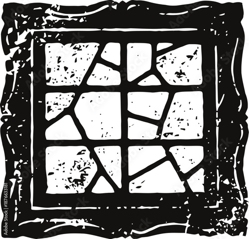 grunge cracked square windowpane silhouette with irregular broken glass shards