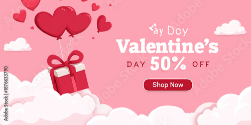 A vibrant Valentine's Day promotional image featuring a large heart-shaped balloon carrying a gift box, surrounded by floating hearts, with a 50% off sale offer.