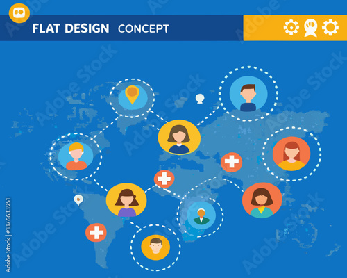 Global team collaboration concept with flat design elements