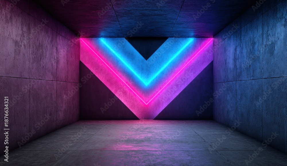 Fototapeta premium Concrete tunnel lit with pink and blue neon chevron, futuristic, minimalist
