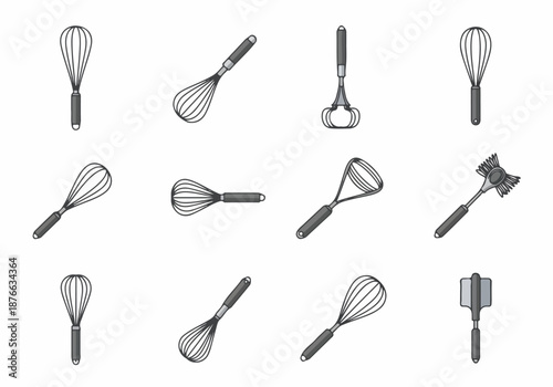Collection of various kitchen whisks and cooking utensils icon set, featuring balloon whisks, flat whisks, and mashers in a modern flat design style.