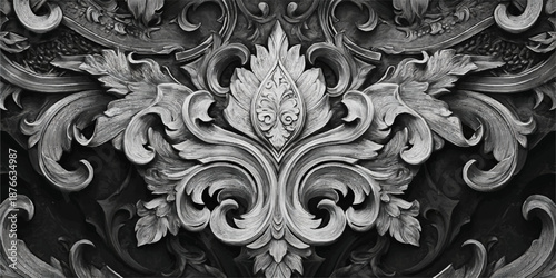 High-resolution image of a detailed black and white baroque wallpaper pattern featuring intricate designs and ornate motifs.