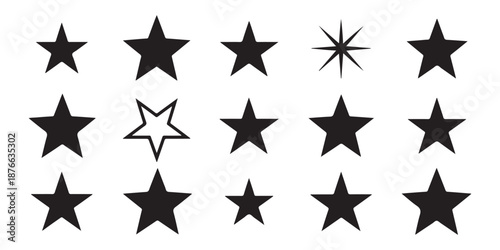 Group of classic five pointed solid stars in various proportions perfect for rating systems