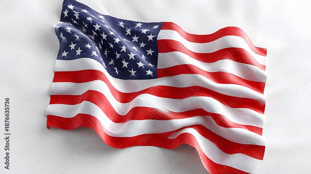 Obraz premium A hyper USA flag made of fabric, depicted with smooth highlights and photo folds against a clean white background.