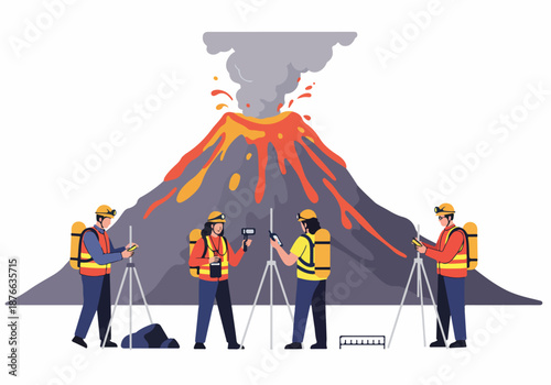 Volcanologists and geologists monitoring an erupting volcano with specialized scientific equipment, studying volcanic activity, and natural hazards during a professional field expedition.