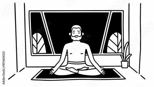 A serene man meditating peacefully in a minimalist room with a window and potted plant nearby