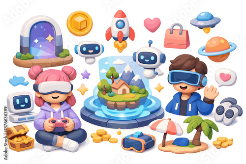 Children exploring virtual reality worlds with futuristic technology and playful elements