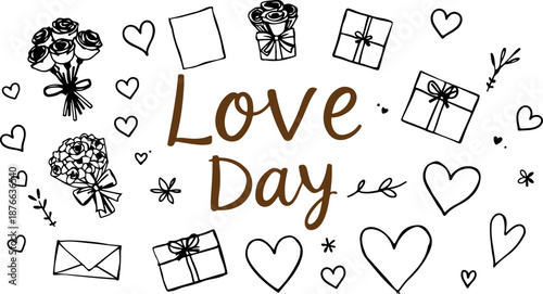 Love Day Hand-Drawn Doodle Art with Hearts, Gifts & Flowers