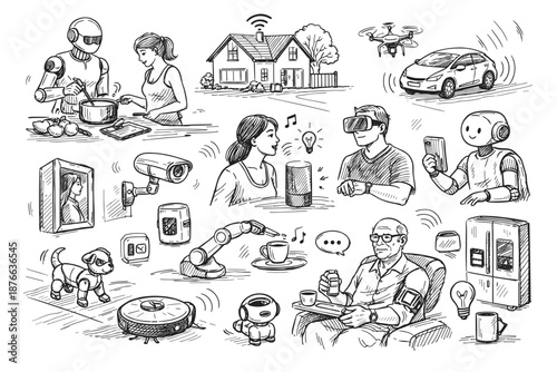 Smart home technology and automation illustrated with robots, AI, and connected devices